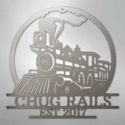 Steel Sign Silver / 12" Personalized Train Metal Sign – Custom Steam Locomotive Wall Art with Family Name