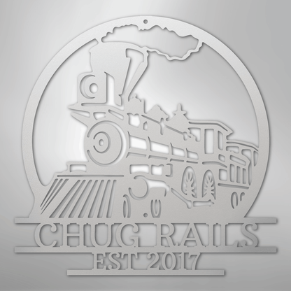 Steel Sign White / 12" Personalized Train Metal Sign – Custom Steam Locomotive Wall Art with Family Name