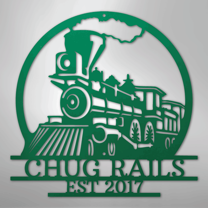 Steel Sign Green / 24" Personalized Train Metal Sign – Custom Steam Locomotive Wall Art with Family Name