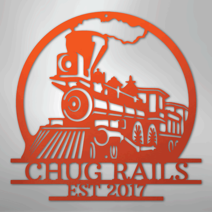 Steel Sign Orange / 24" Personalized Train Metal Sign – Custom Steam Locomotive Wall Art with Family Name