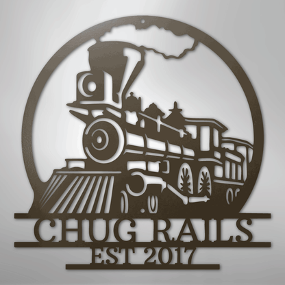 Steel Sign Stone / 24" Personalized Train Metal Sign – Custom Steam Locomotive Wall Art with Family Name