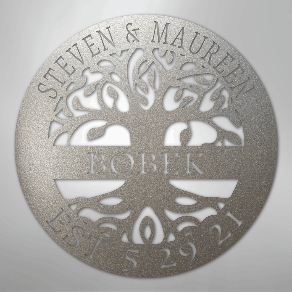 Steel Sign Silver / 12" Personalized Tree of Life Family Name Metal Sign - A Timeless Symbol of Roots and Growth