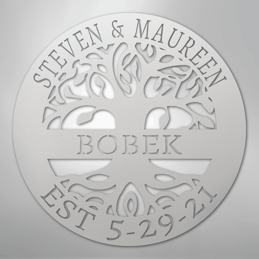 Steel Sign White / 12" Personalized Tree of Life Family Name Metal Sign - A Timeless Symbol of Roots and Growth