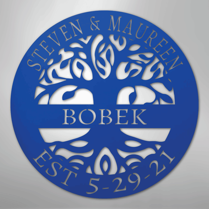 Steel Sign Blue / 24" Personalized Tree of Life Family Name Metal Sign - A Timeless Symbol of Roots and Growth