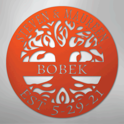 Steel Sign Orange / 24" Personalized Tree of Life Family Name Metal Sign - A Timeless Symbol of Roots and Growth
