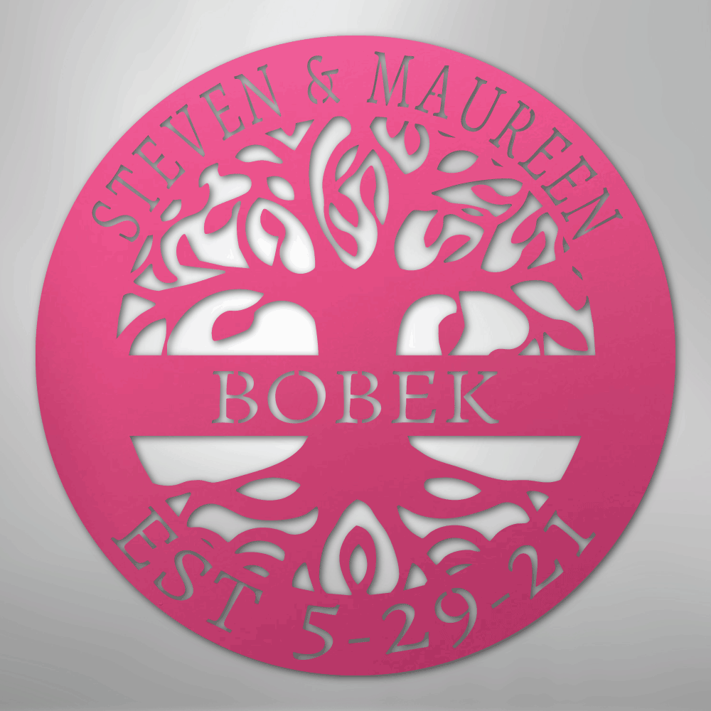 Steel Sign Pink / 24" Personalized Tree of Life Family Name Metal Sign - A Timeless Symbol of Roots and Growth