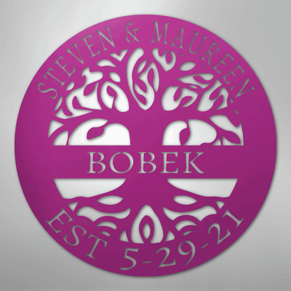 Steel Sign Purple / 24" Personalized Tree of Life Family Name Metal Sign - A Timeless Symbol of Roots and Growth