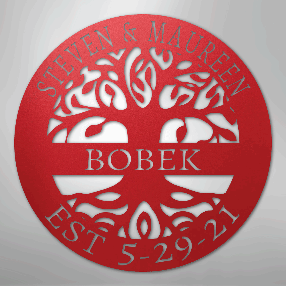 Steel Sign Red / 24" Personalized Tree of Life Family Name Metal Sign - A Timeless Symbol of Roots and Growth