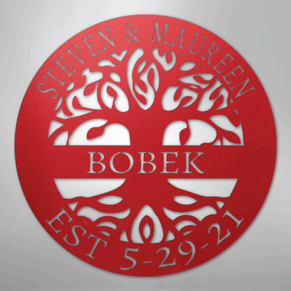 Steel Sign Red / 24" Personalized Tree of Life Family Name Metal Sign - A Timeless Symbol of Roots and Growth