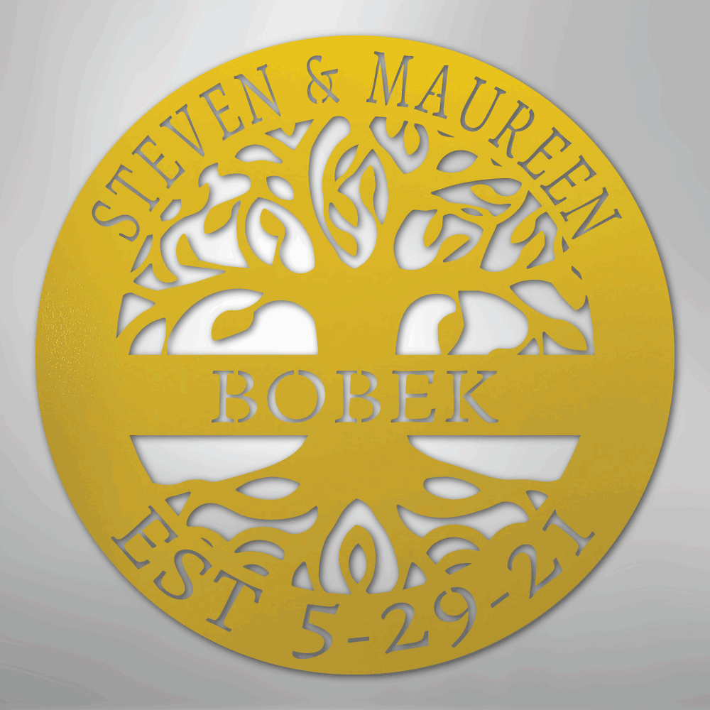 Steel Sign Yellow / 24" Personalized Tree of Life Family Name Metal Sign - A Timeless Symbol of Roots and Growth