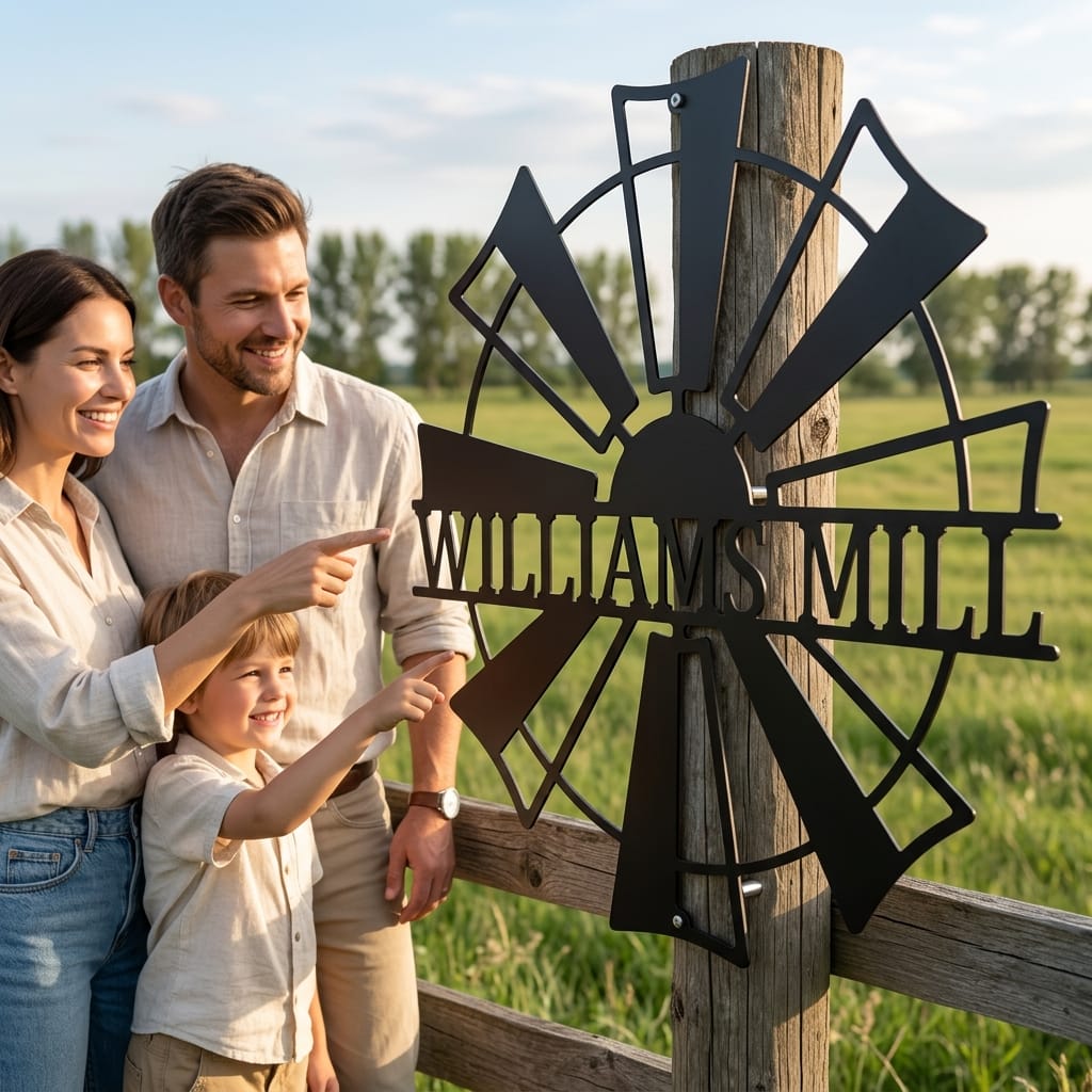 Steel Sign Black / 12" Personalized Windmill Farm Sign – Custom Family Name Metal Wall Art for Farmhouse, Ranch Gate or Barn Decor
