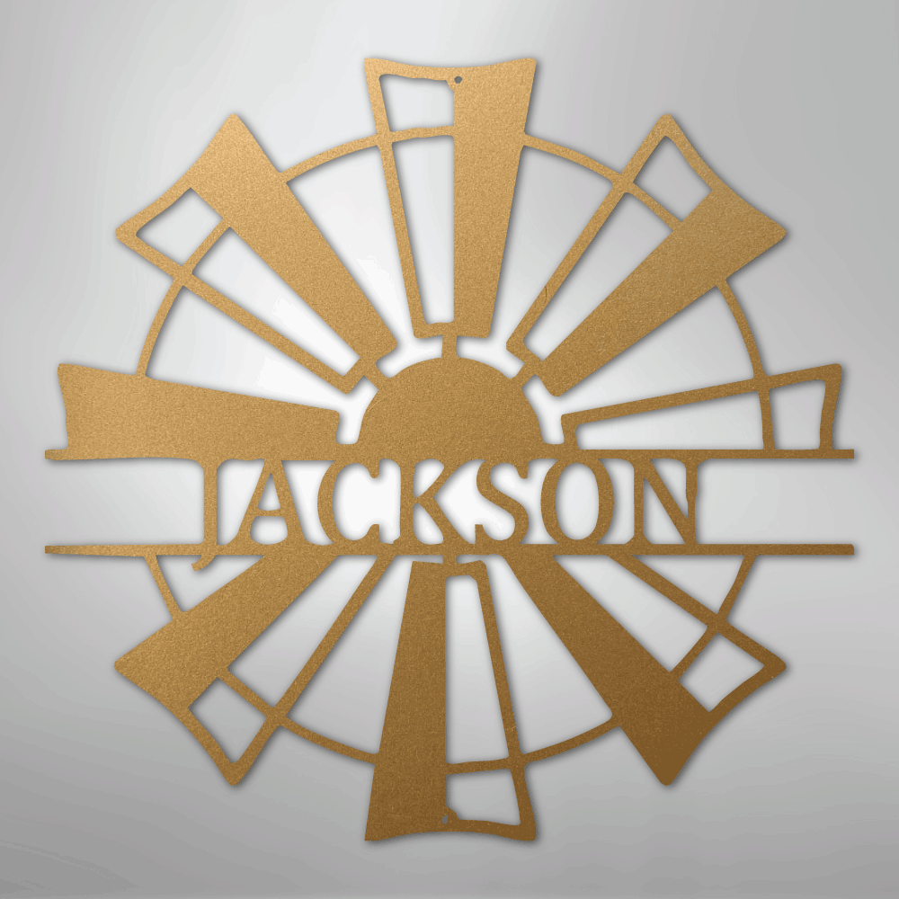Steel Sign Gold / 12" Personalized Windmill Farm Sign – Custom Family Name Metal Wall Art for Farmhouse, Ranch Gate or Barn Decor
