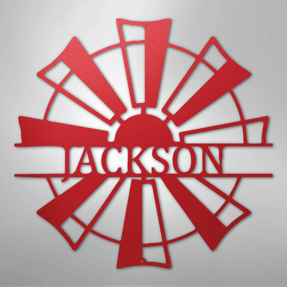 Steel Sign Red / 24" Personalized Windmill Farm Sign – Custom Family Name Metal Wall Art for Farmhouse, Ranch Gate or Barn Decor
