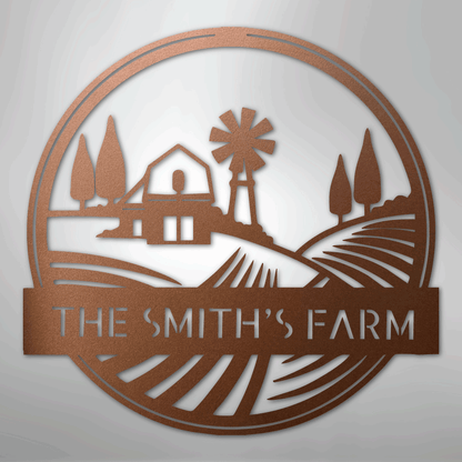Steel Sign Copper / 12" Personalized Windmill Metal Sign - Custom Family Name Farmhouse Wall Art, Rural Landscape Steel Decor, Ranch House Gift