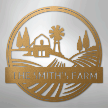 Steel Sign Gold / 12" Personalized Windmill Metal Sign - Custom Family Name Farmhouse Wall Art, Rural Landscape Steel Decor, Ranch House Gift