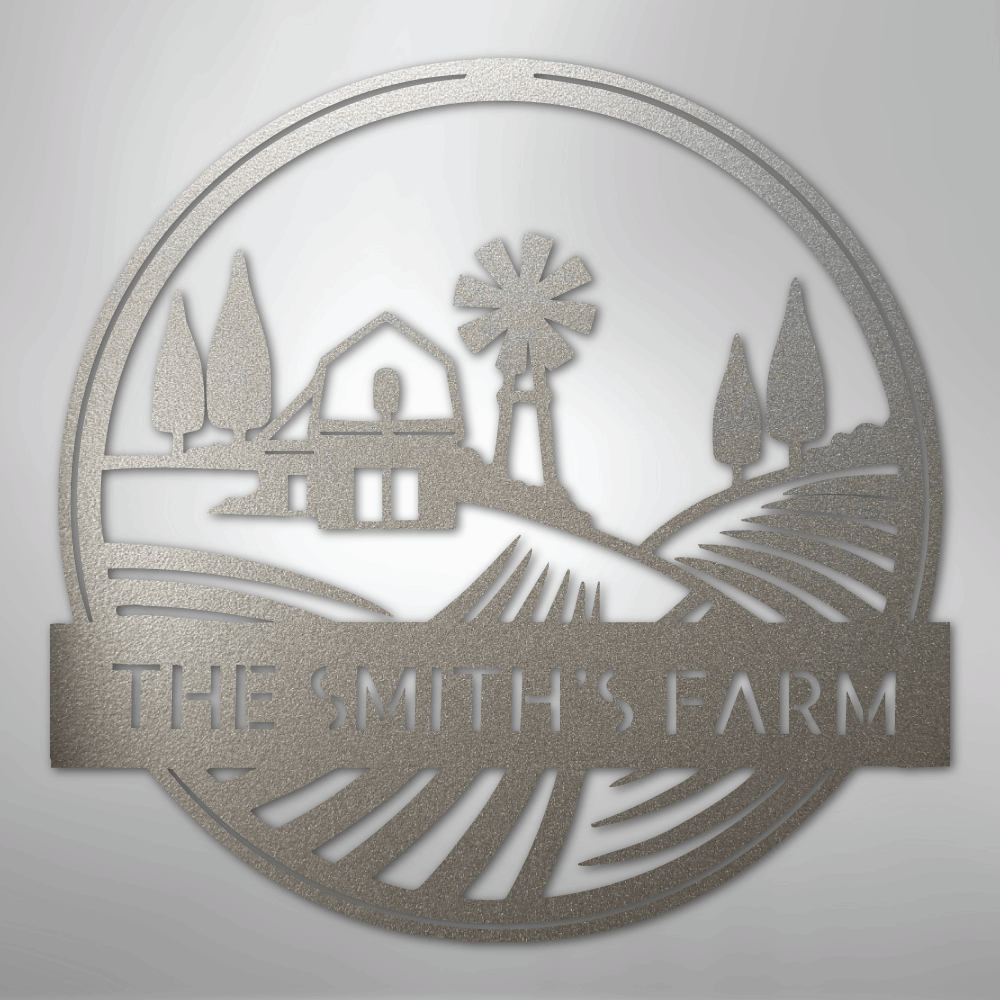 Steel Sign Silver / 12" Personalized Windmill Metal Sign - Custom Family Name Farmhouse Wall Art, Rural Landscape Steel Decor, Ranch House Gift