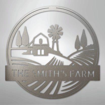 Steel Sign Silver / 12" Personalized Windmill Metal Sign - Custom Family Name Farmhouse Wall Art, Rural Landscape Steel Decor, Ranch House Gift