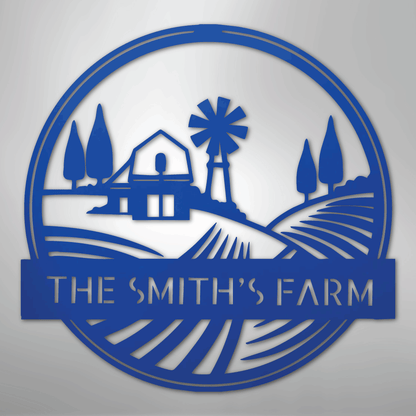 Steel Sign Blue / 24" Personalized Windmill Metal Sign - Custom Family Name Farmhouse Wall Art, Rural Landscape Steel Decor, Ranch House Gift