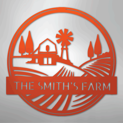 Steel Sign Orange / 24" Personalized Windmill Metal Sign - Custom Family Name Farmhouse Wall Art, Rural Landscape Steel Decor, Ranch House Gift