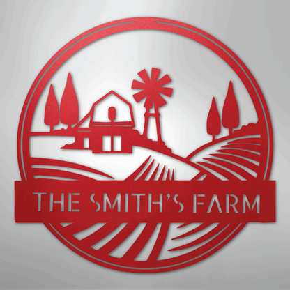 Steel Sign Red / 24" Personalized Windmill Metal Sign - Custom Family Name Farmhouse Wall Art, Rural Landscape Steel Decor, Ranch House Gift