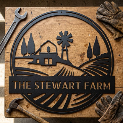 Steel Sign Personalized Windmill Metal Sign - Custom Family Name Farmhouse Wall Art, Rural Landscape Steel Decor, Ranch House Gift