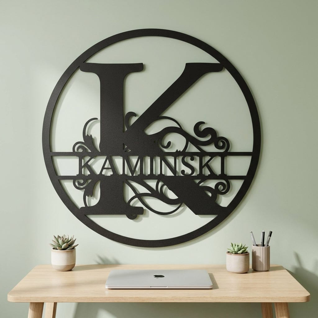 Steel Sign Black / 12" Split Circle Monogram Metal Sign – Personalized Family Name Steel Wall Art for Couples & Weddings