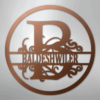 Steel Sign Copper / 12" Split Circle Monogram Metal Sign – Personalized Family Name Steel Wall Art for Couples & Weddings