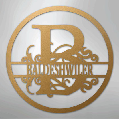 Steel Sign Gold / 12" Split Circle Monogram Metal Sign – Personalized Family Name Steel Wall Art for Couples & Weddings