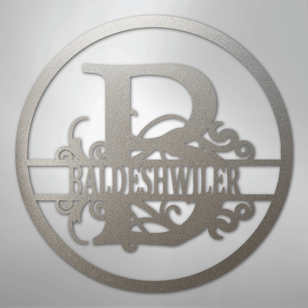 Steel Sign Silver / 12" Split Circle Monogram Metal Sign – Personalized Family Name Steel Wall Art for Couples & Weddings