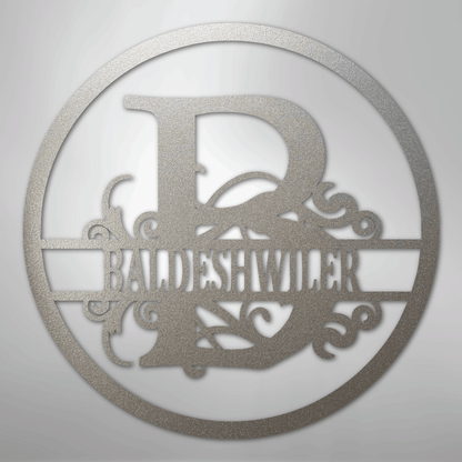 Steel Sign Silver / 12" Split Circle Monogram Metal Sign – Personalized Family Name Steel Wall Art for Couples & Weddings