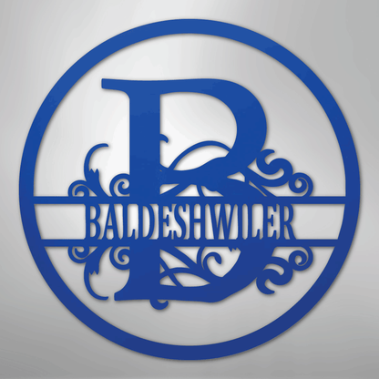 Steel Sign Blue / 24" Split Circle Monogram Metal Sign – Personalized Family Name Steel Wall Art for Couples & Weddings