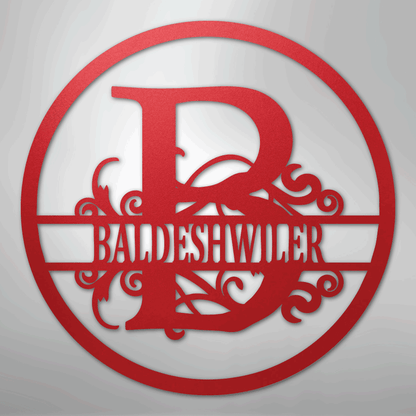Steel Sign Red / 24" Split Circle Monogram Metal Sign – Personalized Family Name Steel Wall Art for Couples & Weddings