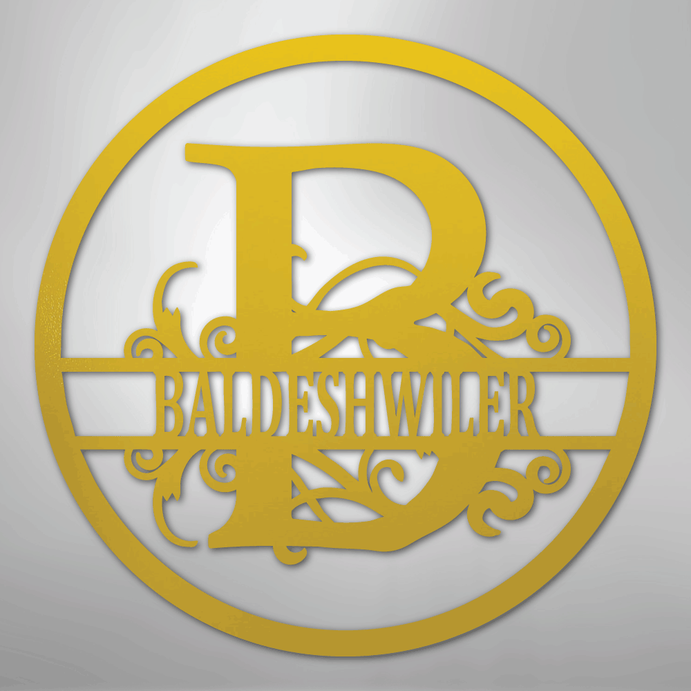Steel Sign Yellow / 24" Split Circle Monogram Metal Sign – Personalized Family Name Steel Wall Art for Couples & Weddings