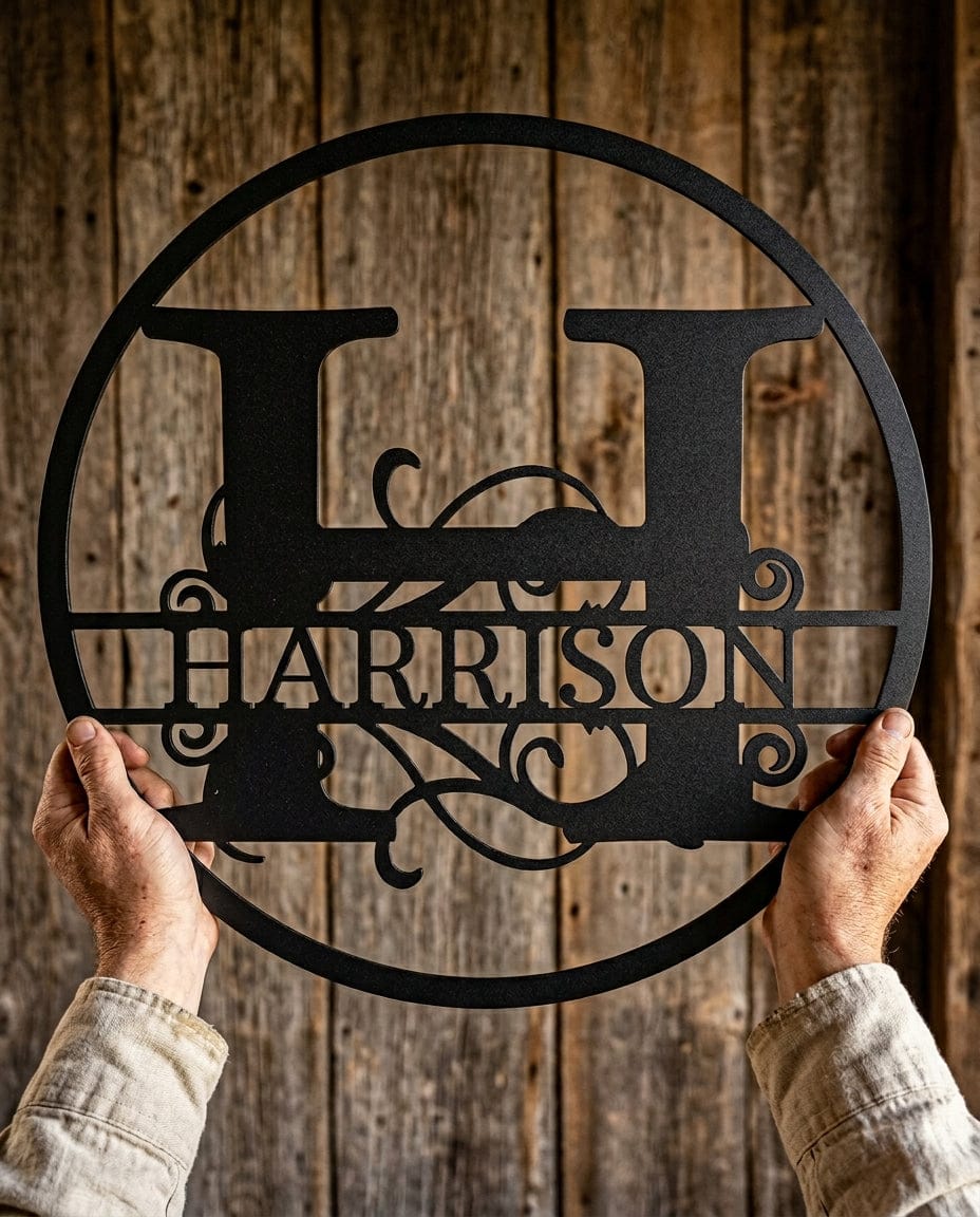 Steel Sign Split Circle Monogram Metal Sign – Personalized Family Name Steel Wall Art for Couples & Weddings
