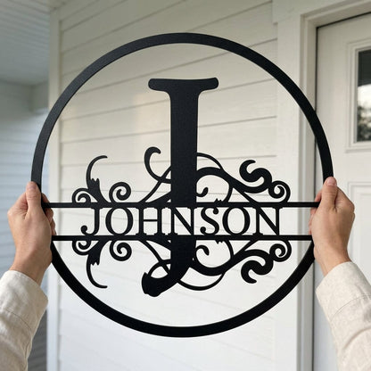 Steel Sign Split Circle Monogram Metal Sign – Personalized Family Name Steel Wall Art for Couples & Weddings