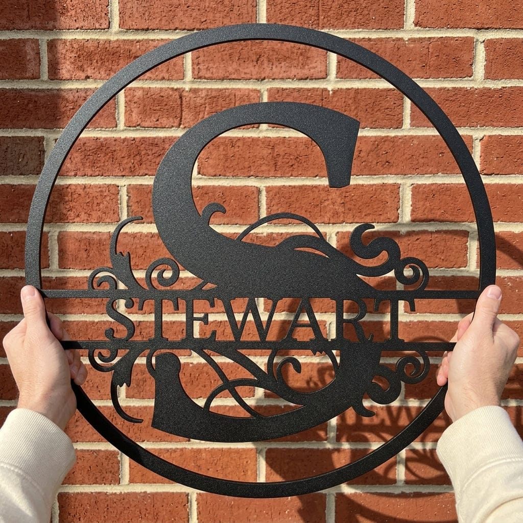 Steel Sign Split Circle Monogram Metal Sign – Personalized Family Name Steel Wall Art for Couples & Weddings