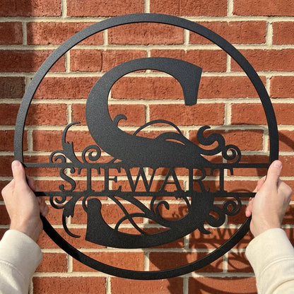 Steel Sign Split Circle Monogram Metal Sign – Personalized Family Name Steel Wall Art for Couples & Weddings
