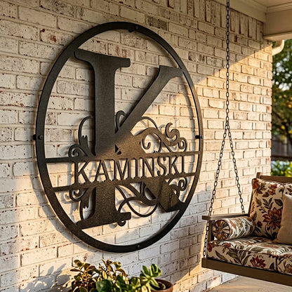 Steel Sign Split Circle Monogram Metal Sign – Personalized Family Name Steel Wall Art for Couples & Weddings