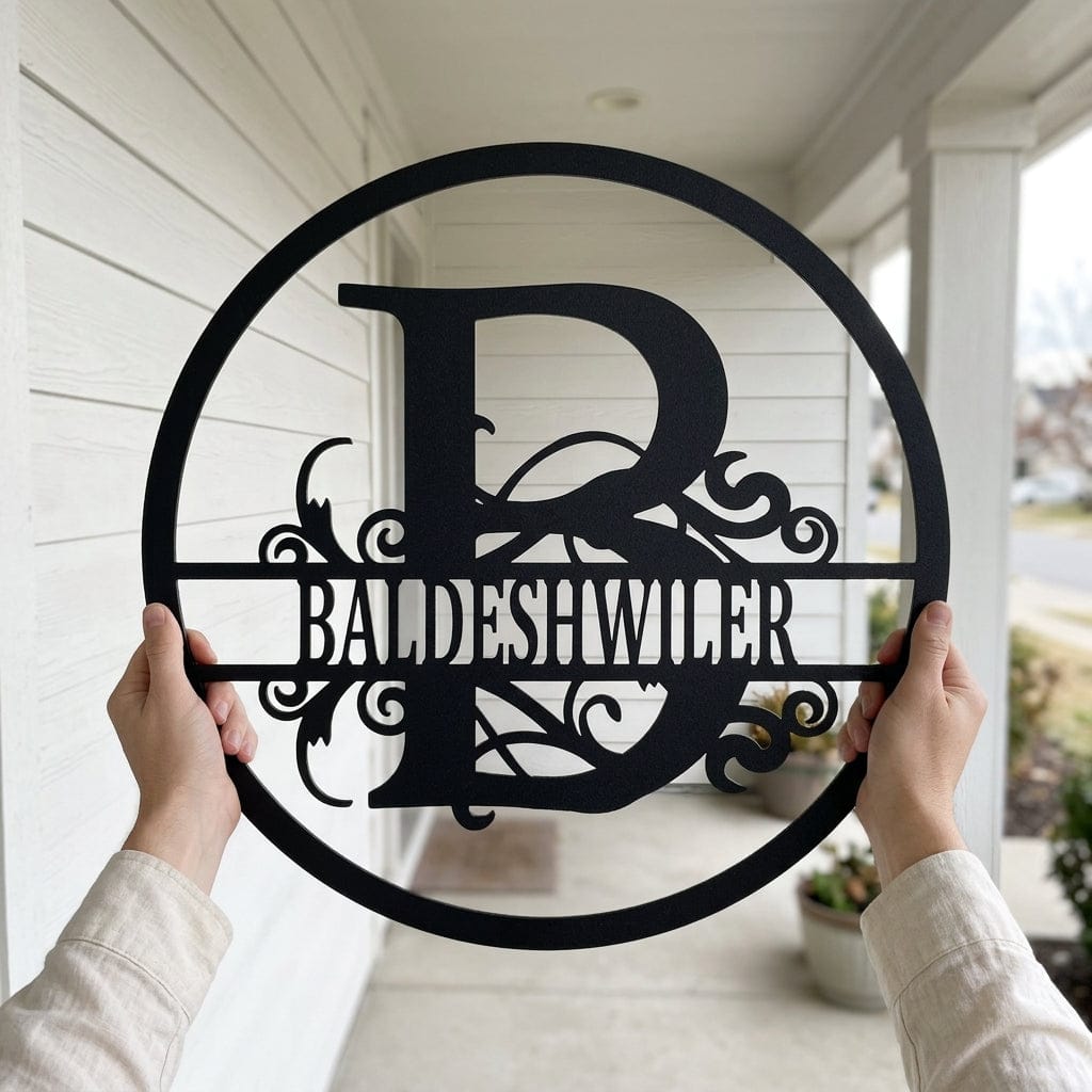 Steel Sign Split Circle Monogram Metal Sign – Personalized Family Name Steel Wall Art for Couples & Weddings