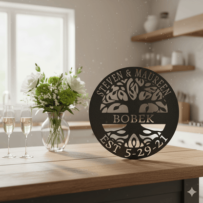 Steel Sign Tree of Life Family Name Sign – Personalized Metal Wall Art with Est. Date