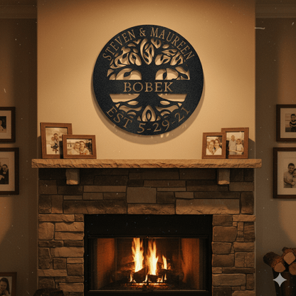 Steel Sign Tree of Life Family Name Sign – Personalized Metal Wall Art with Est. Date