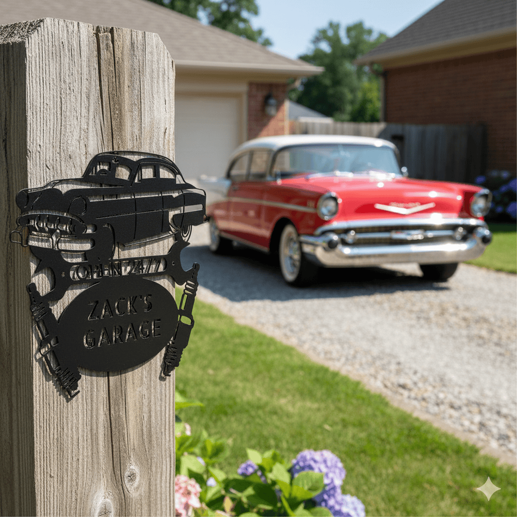 Wall Art CUSTOM GARAGE SIGN - Personalized 1950 Chevy Bel Air Steel Monogram Sign