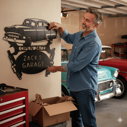 Wall Art CUSTOM GARAGE SIGN - Personalized 1950 Chevy Bel Air Steel Monogram Sign