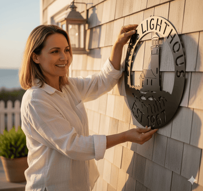 Wall Art Custom Metal Family Name Sign - Personalized Outdoor Lighthouse Design