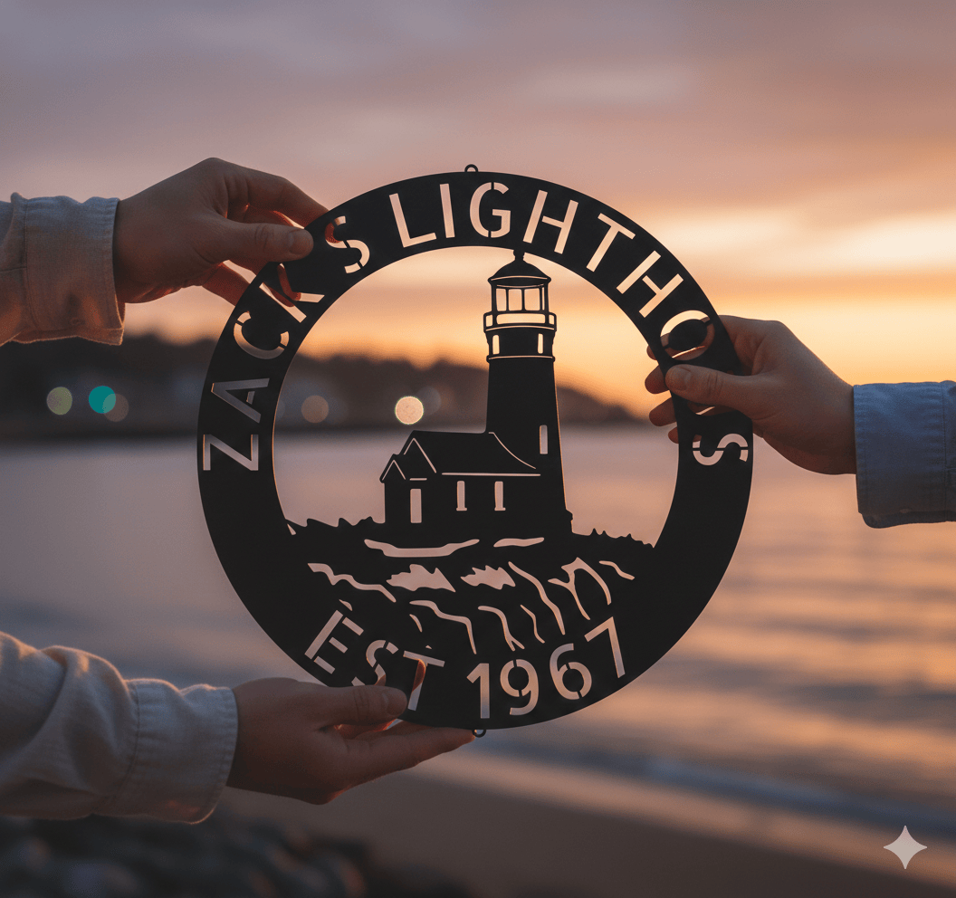Wall Art Black / 12 Inch Custom Metal Family Name Sign - Personalized Outdoor Lighthouse Design