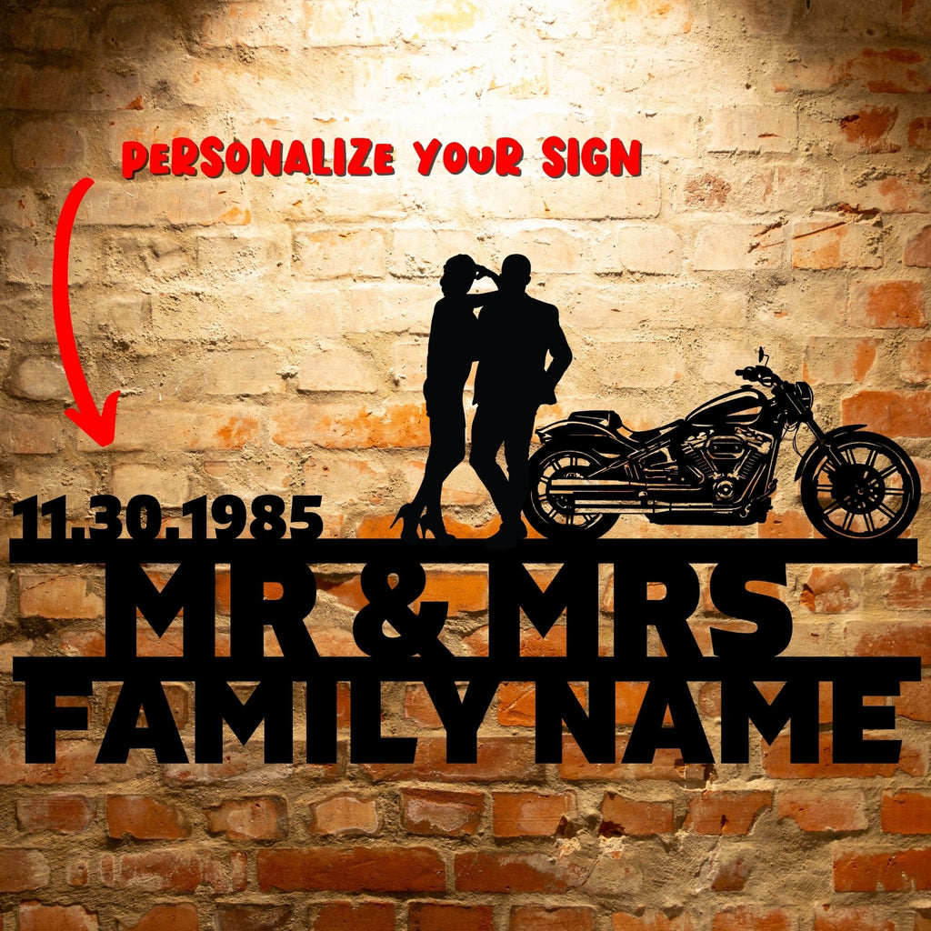 Personalized Mr&Mrs ANNIVERSARY Harley-Davidson couple Set 10 family name sign featuring custom handmade designs and unique metal art gifts.