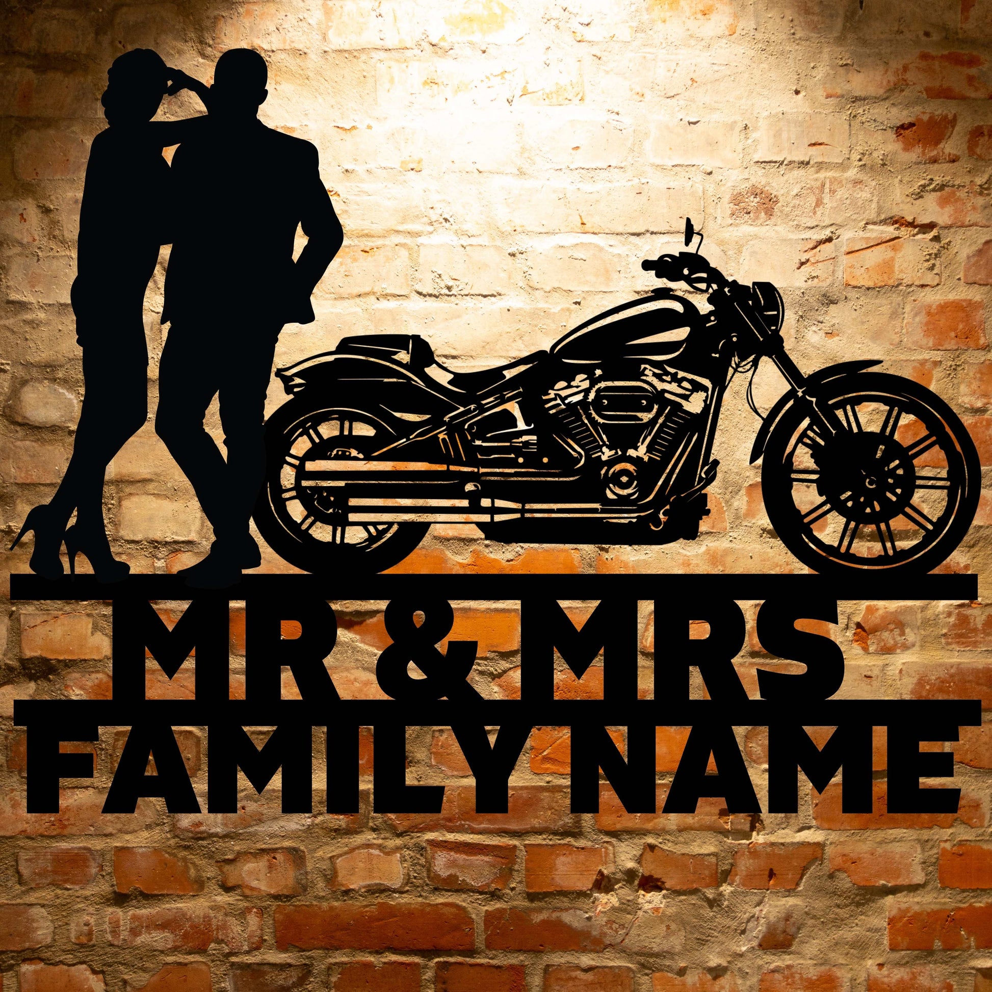 Elegant personalized family name sign featuring Mr & Mrs Harley-Davidson couple on a metal monogram.