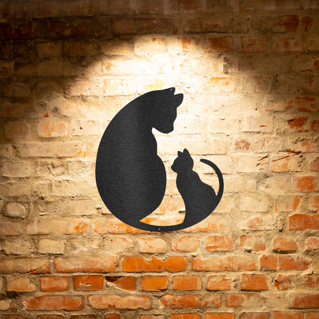 A personalized Steel Sign featuring a Cat Lover silhouette, perfect for durable outdoor metal wall art decor on a brick wall.