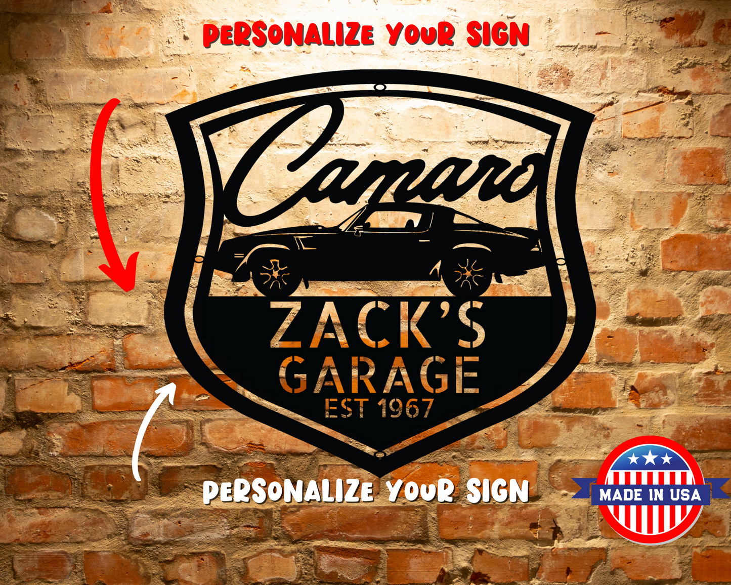 A CUSTOM GARAGE SIGN featuring Retro Car Wall Art on a brick wall.