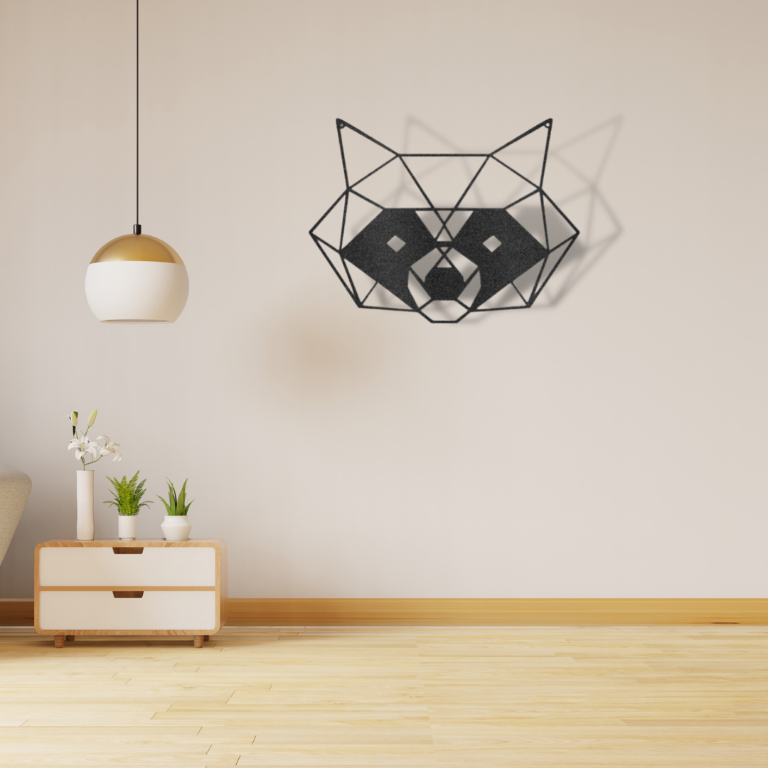 A durable outdoor metal sign featuring a black and white geometric raccoon displayed on a brick wall.